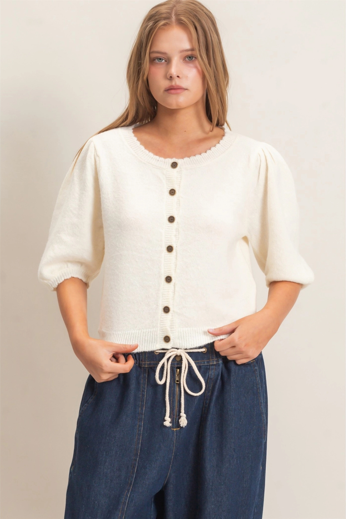 HYFVE Women’s Button Up Puff Sleeve Sweater Cardigan in Cream at J Cole