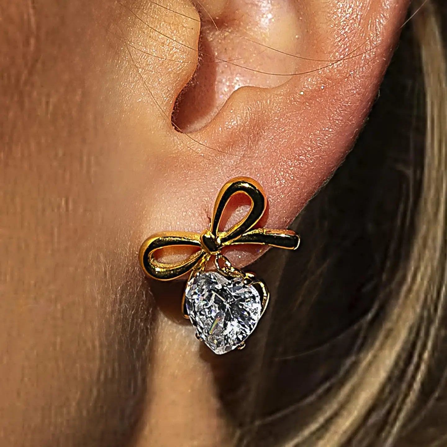 Melonie 18K Gold Non-Tarnish Cz Heart & Bow Earring