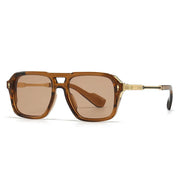 Brown sunglasses with gold accents on a white background