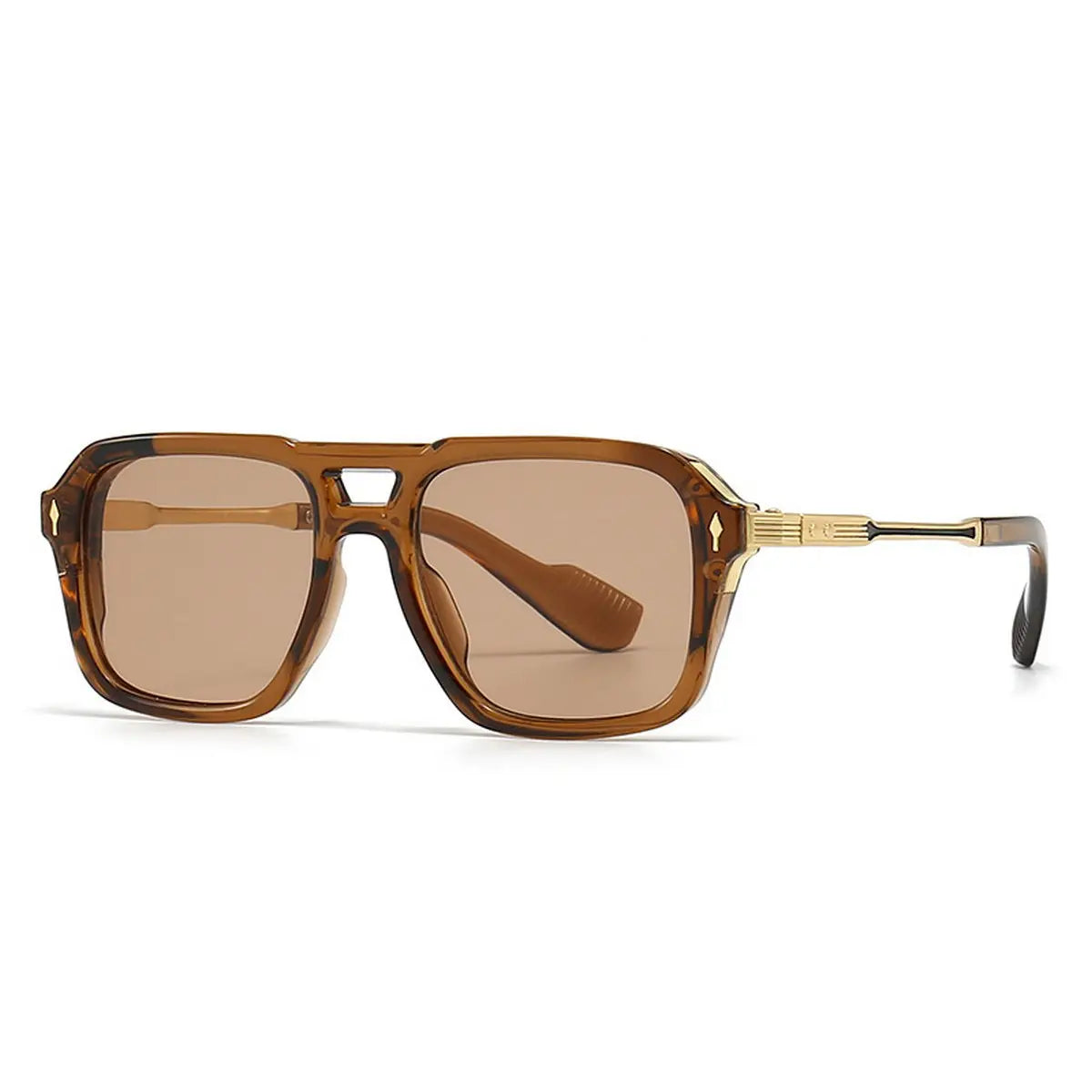 Brown sunglasses with gold accents on a white background