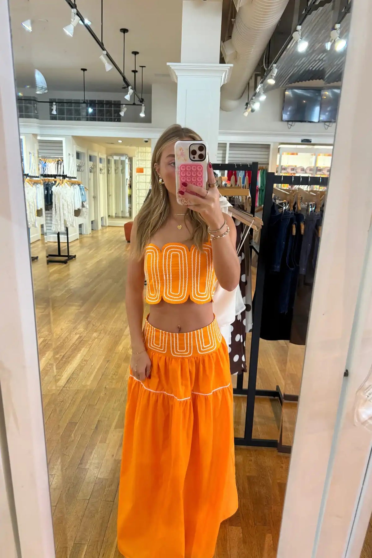 Baby Pink Women's Lace Trimmed Orange Top and Skirt Set
