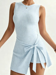 Women's Gingham Print Sleeveless Wrap Tie Front Mini Dress in Blue