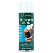A can of Cadillac All Weather Shield spray treatment, featuring a dark teal label with white and yellow text, a photo of a leather boot being treated, and a white cap, on a white background.