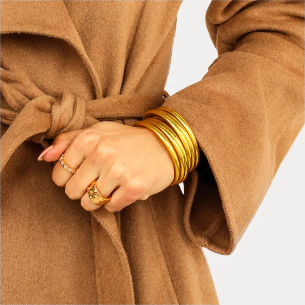 Budha Girl: Gold All Weather Bangles (Set of 6) - Serenity Prayer