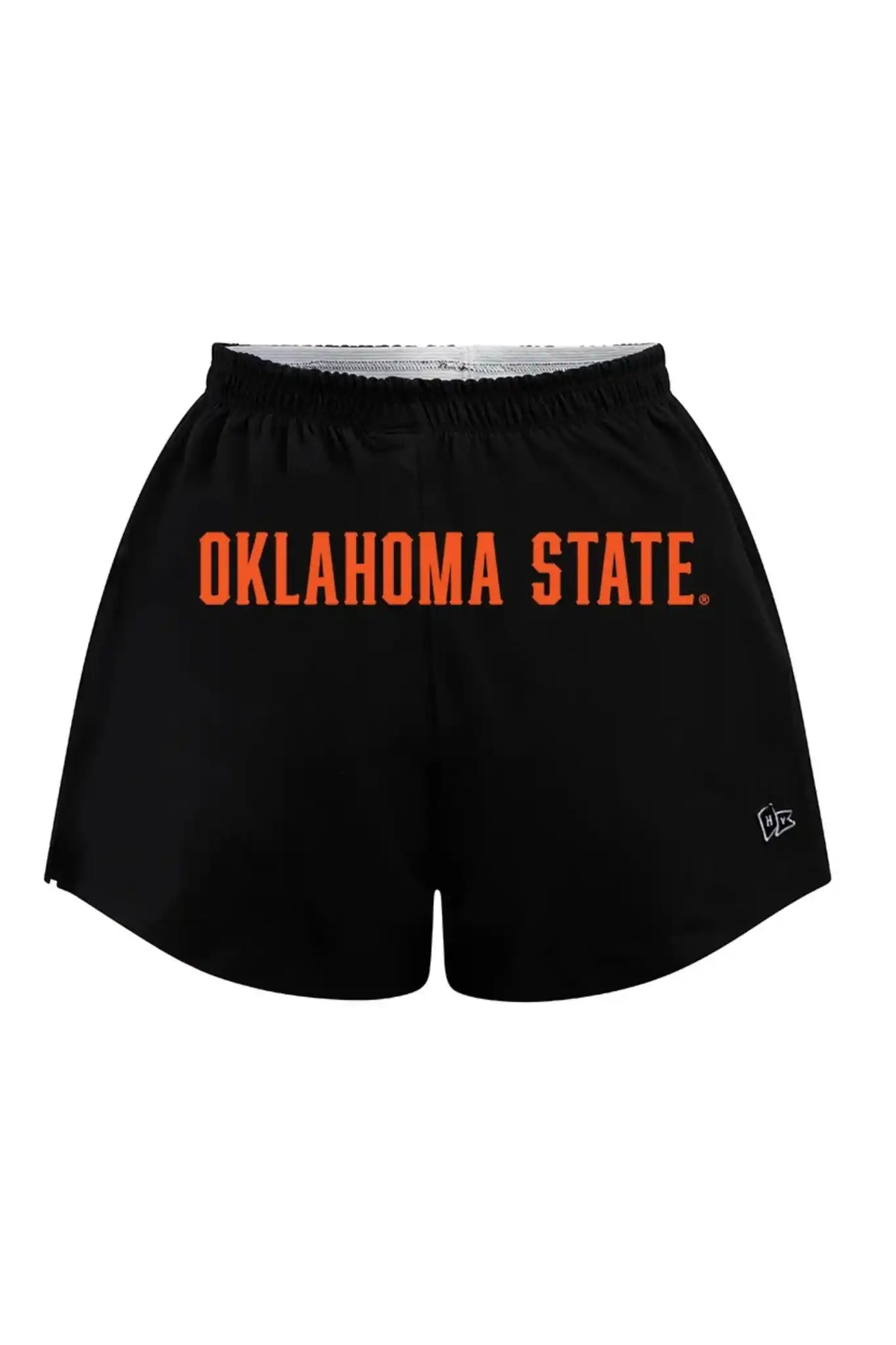 Black athletic shorts with 'OKLAHOMA STATE' printed in orange across the back, featuring an elastic waistband and a small white logo on the lower right leg.
