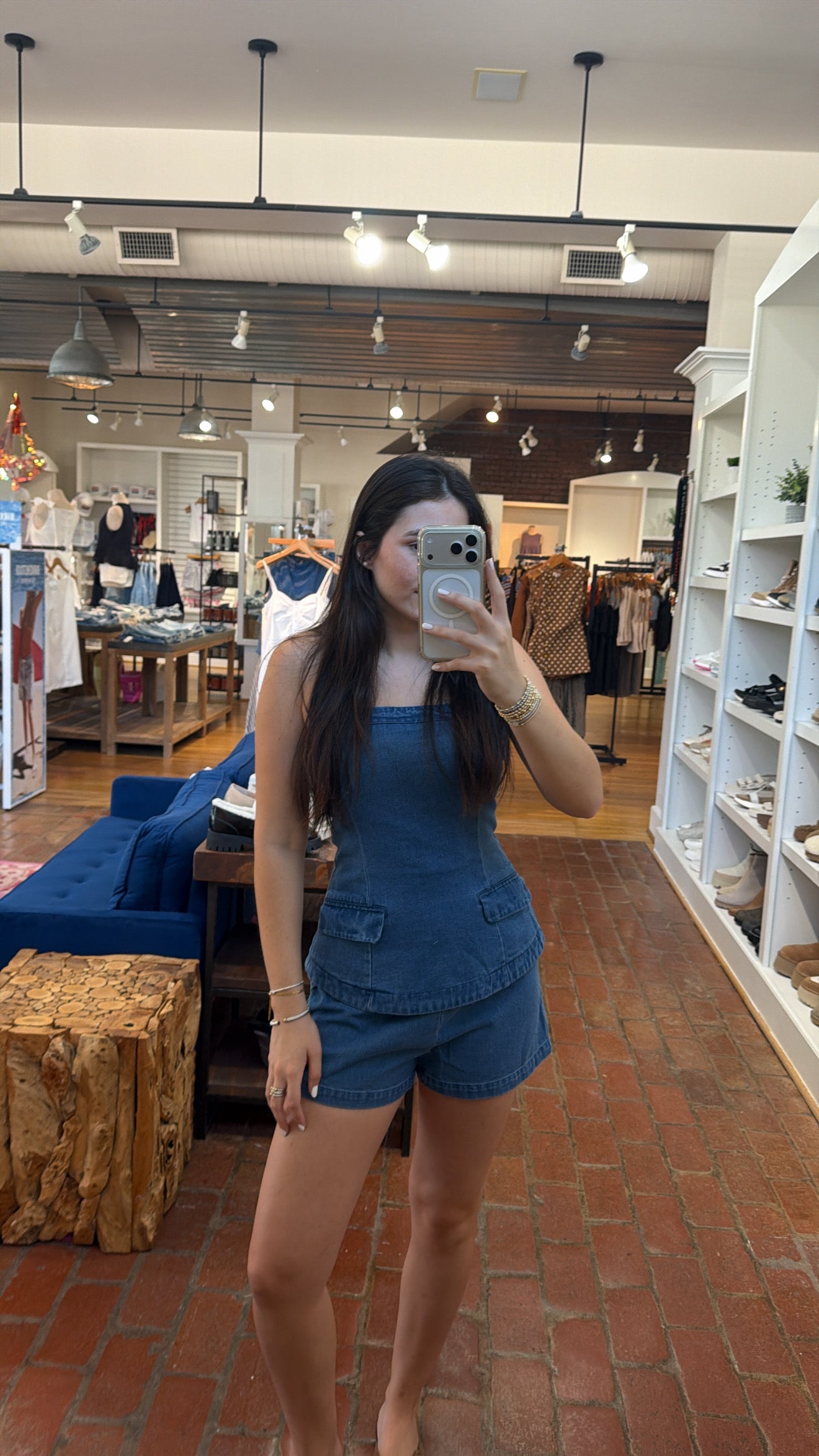Day + Moon Women's Strapless Twofer Denim Romper With Pocket Details