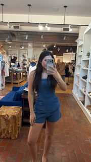 Day + Moon Women's Strapless Twofer Denim Romper With Pocket Details