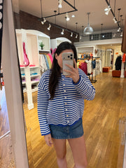 Women's Raw Rolled Neck Drop Shoulder Button Up Cardigan in Stripe Blue