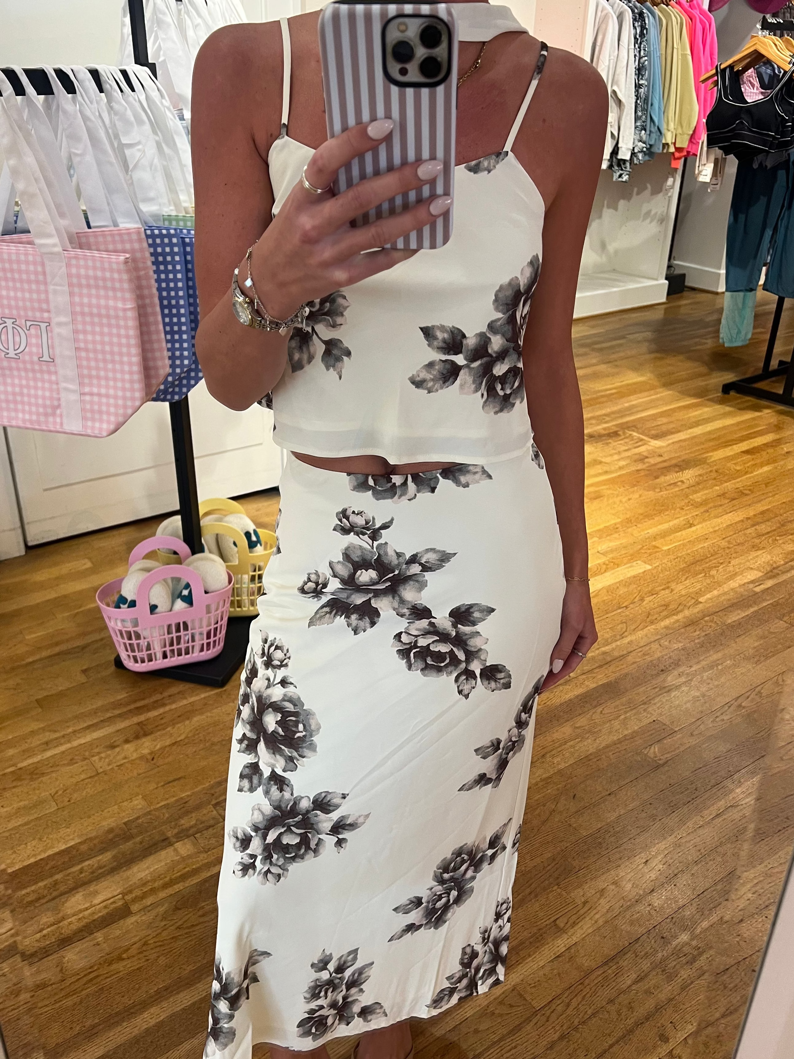 Le Lis Women's High Waisted Bias Floral Midi Skirt in Cream/Gray Floral