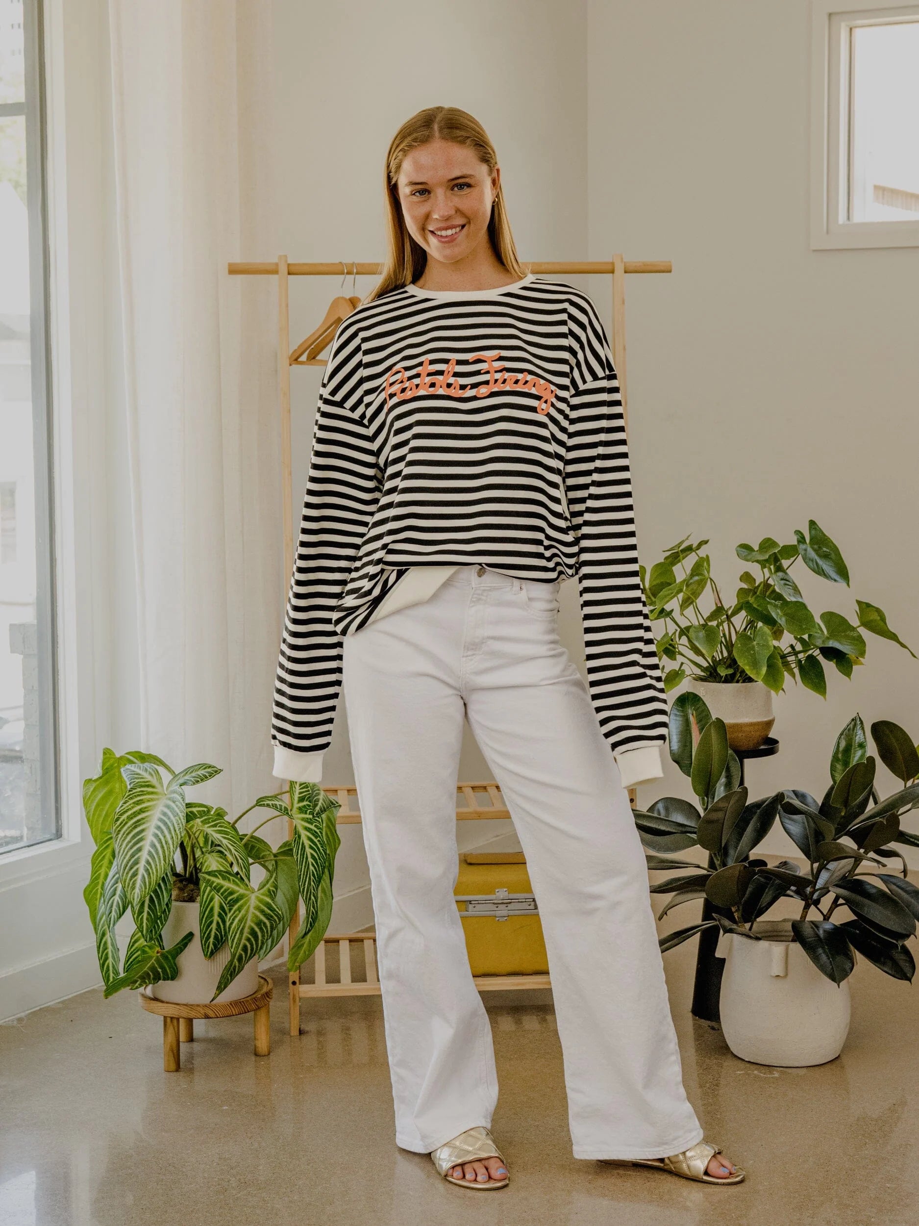 LivyLu: Cowboys Script Sweatshirt in Black/White Stripe