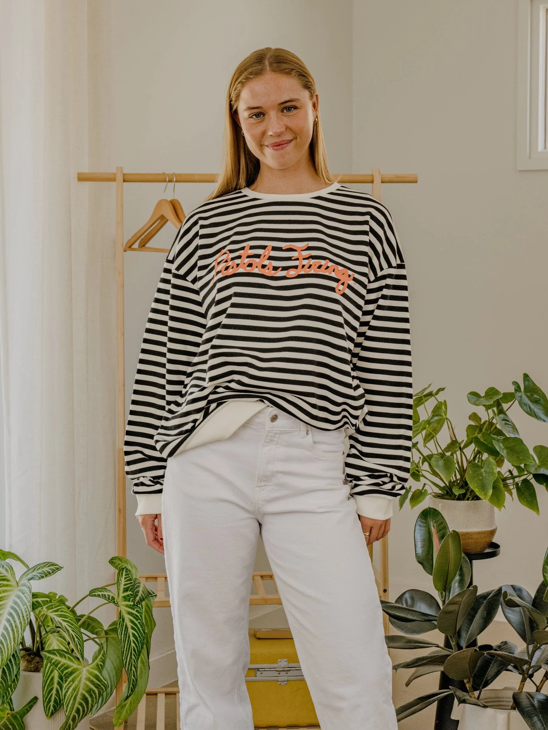 LivyLu: Cowboys Script Sweatshirt in Black/White Stripe