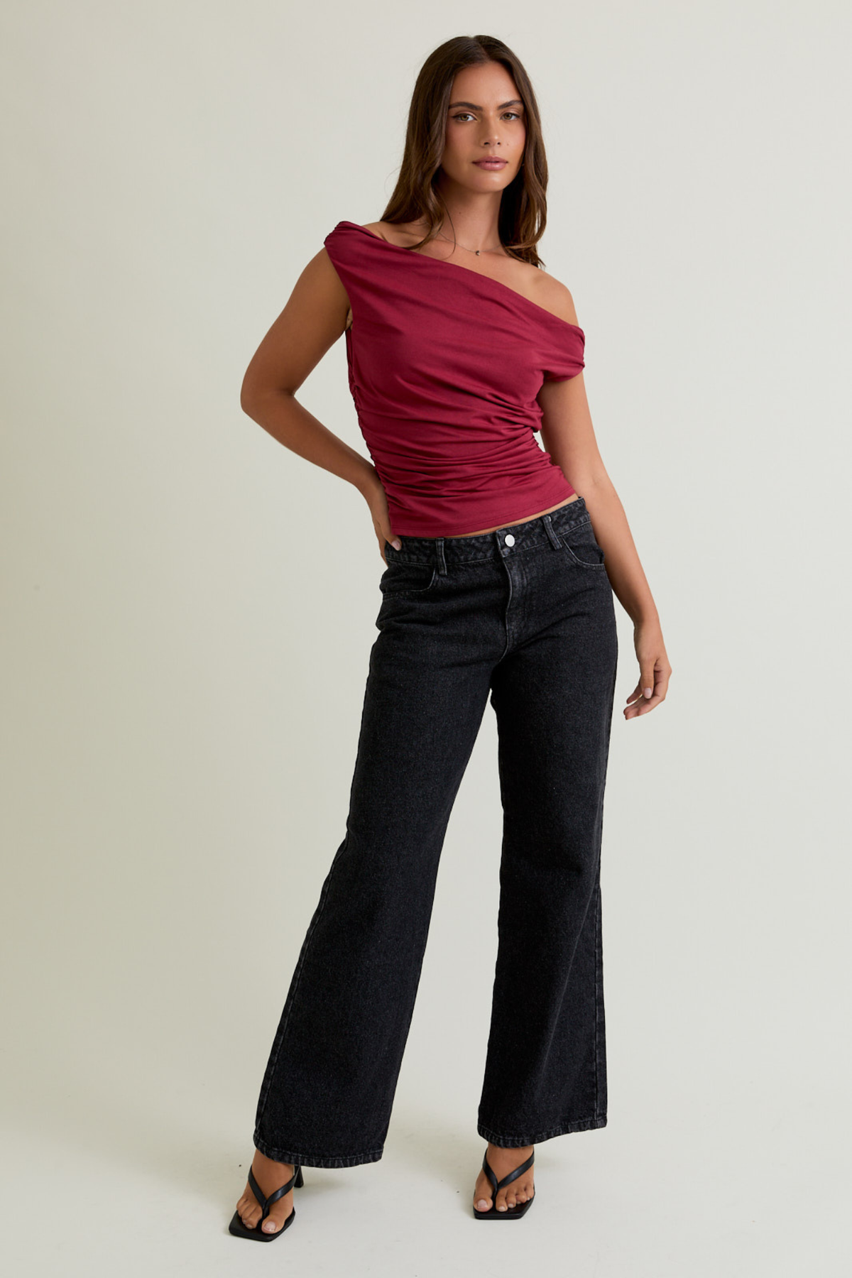 Le Lis Women's Off the Shoulder Top with Ruching in Maroon
