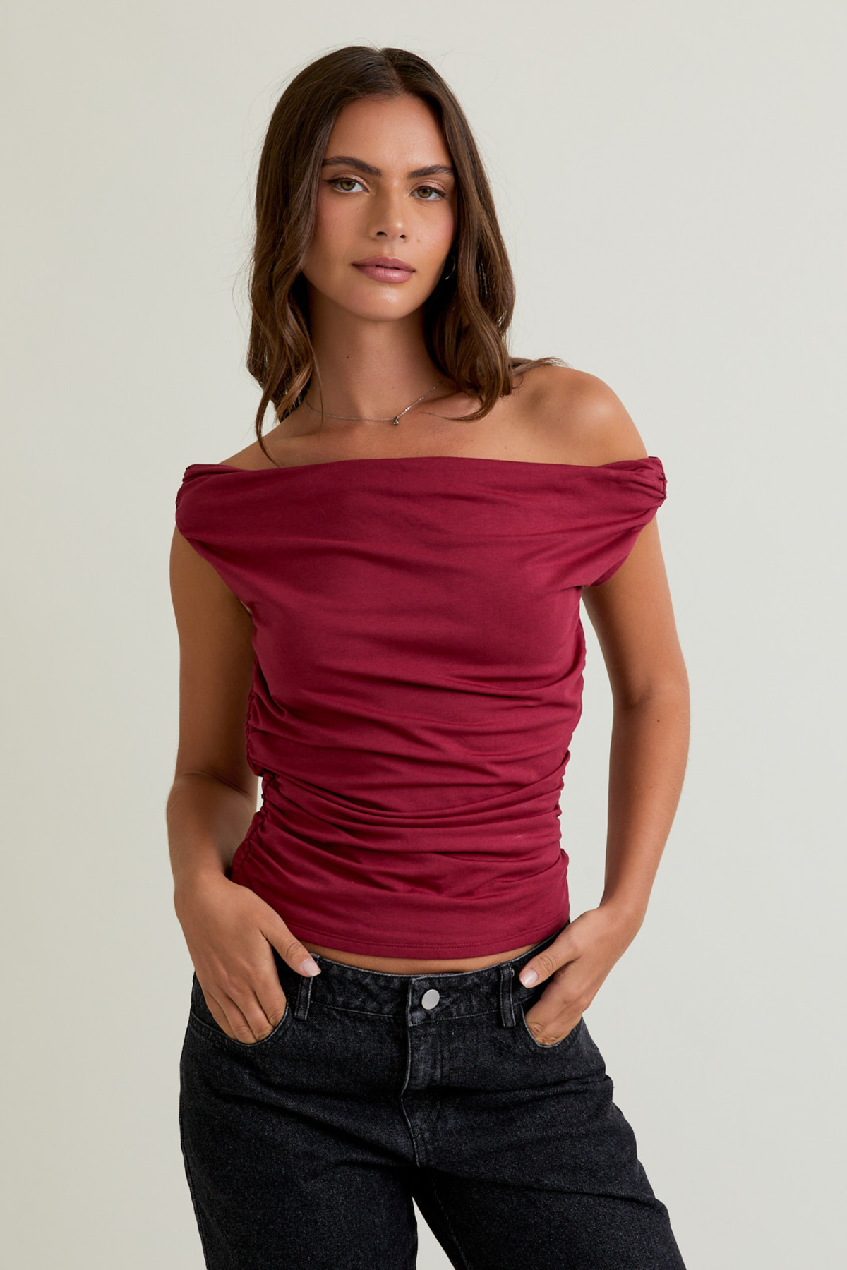 Le Lis Women's Off the Shoulder Top with Ruching in Maroon