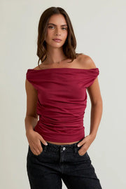 Le Lis Women's Off the Shoulder Top with Ruching in Maroon