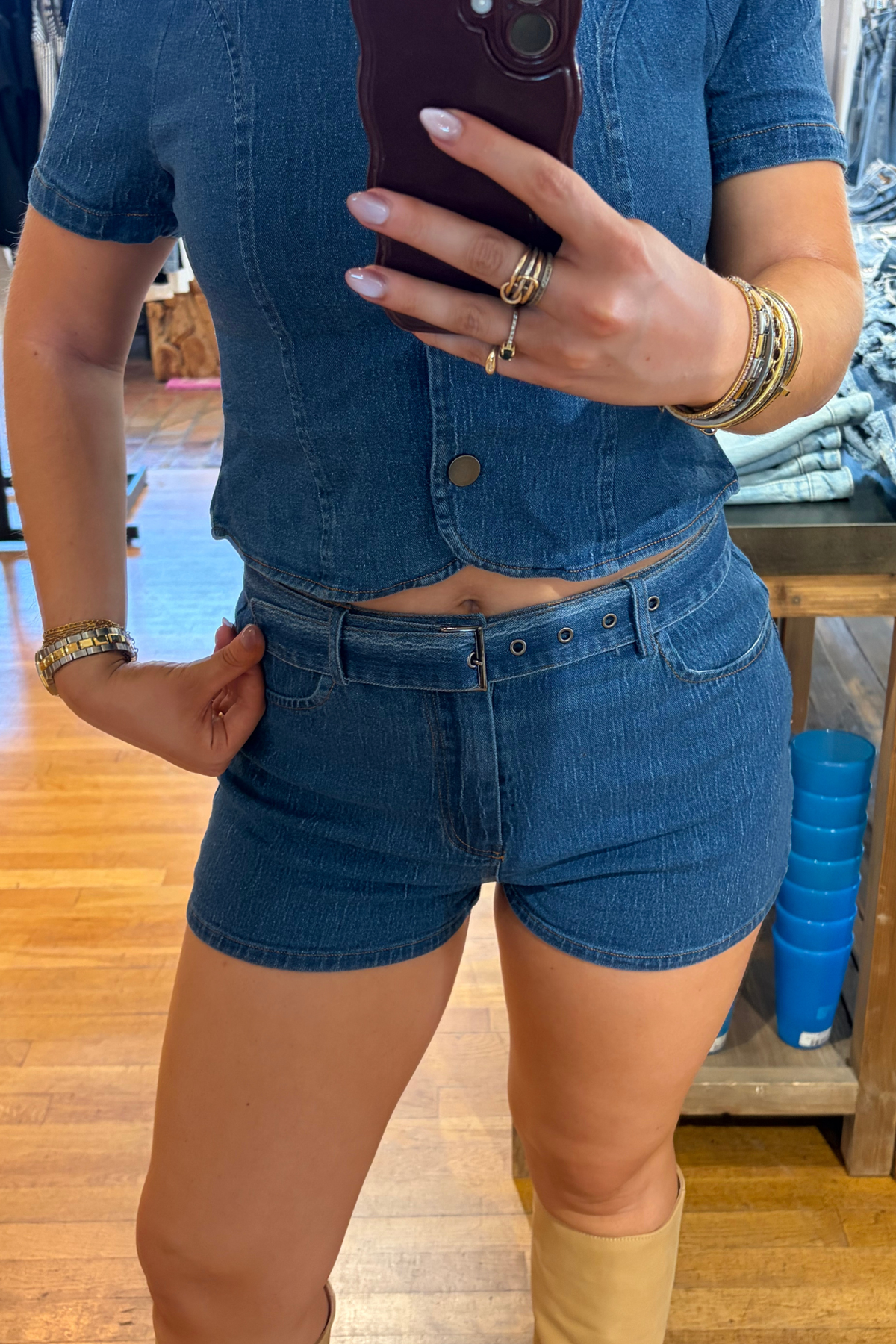 Women's Denim Shorts with Buckle Detail
