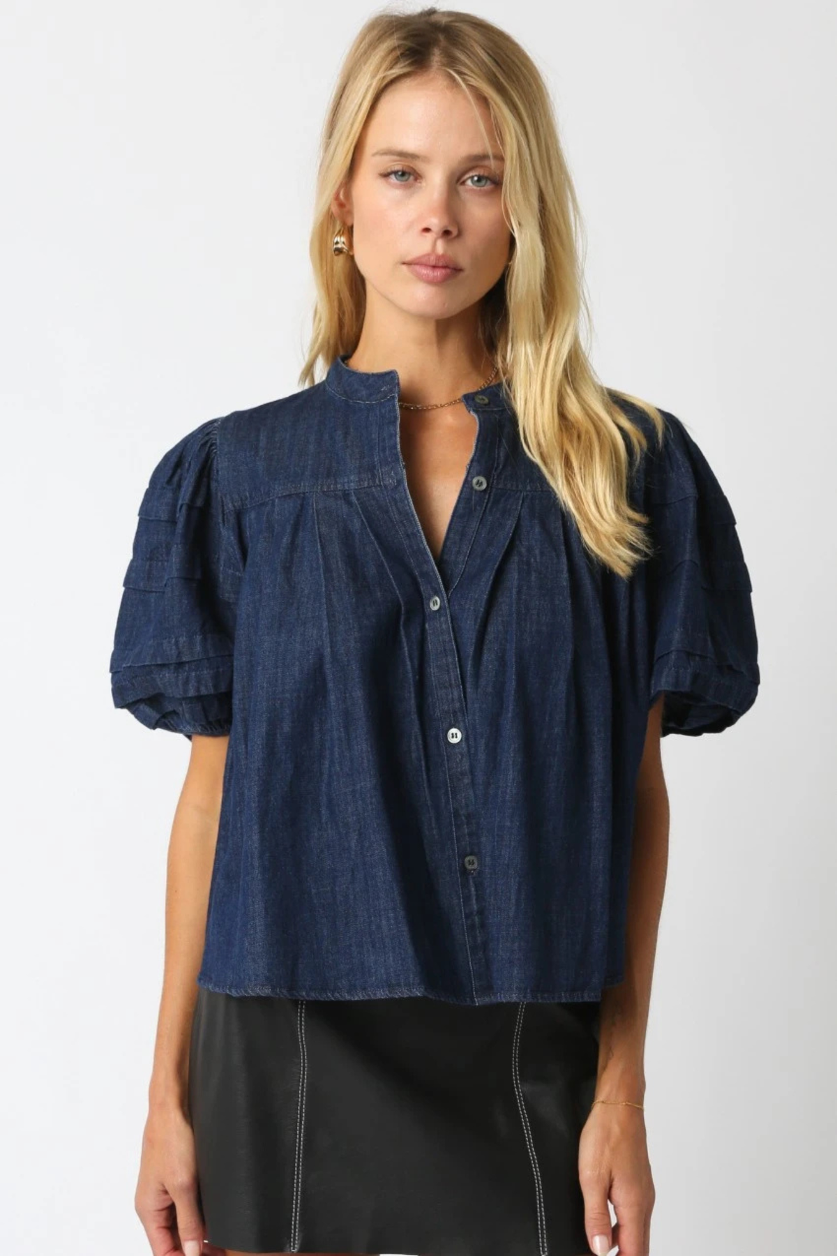 Olivaceous Women's Delis Puff Sleeve Denim Blouse