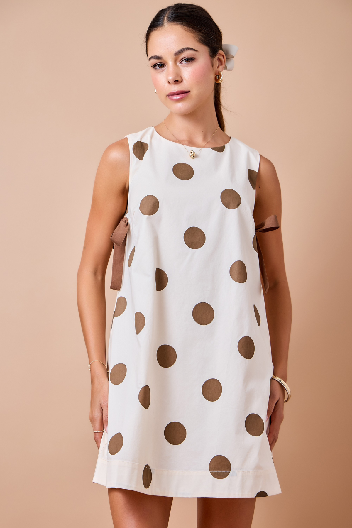 Day + Moon Women's Polka Dot Sleeveless Shift Mini Dress with Side Tie Detail in Cream/Brown