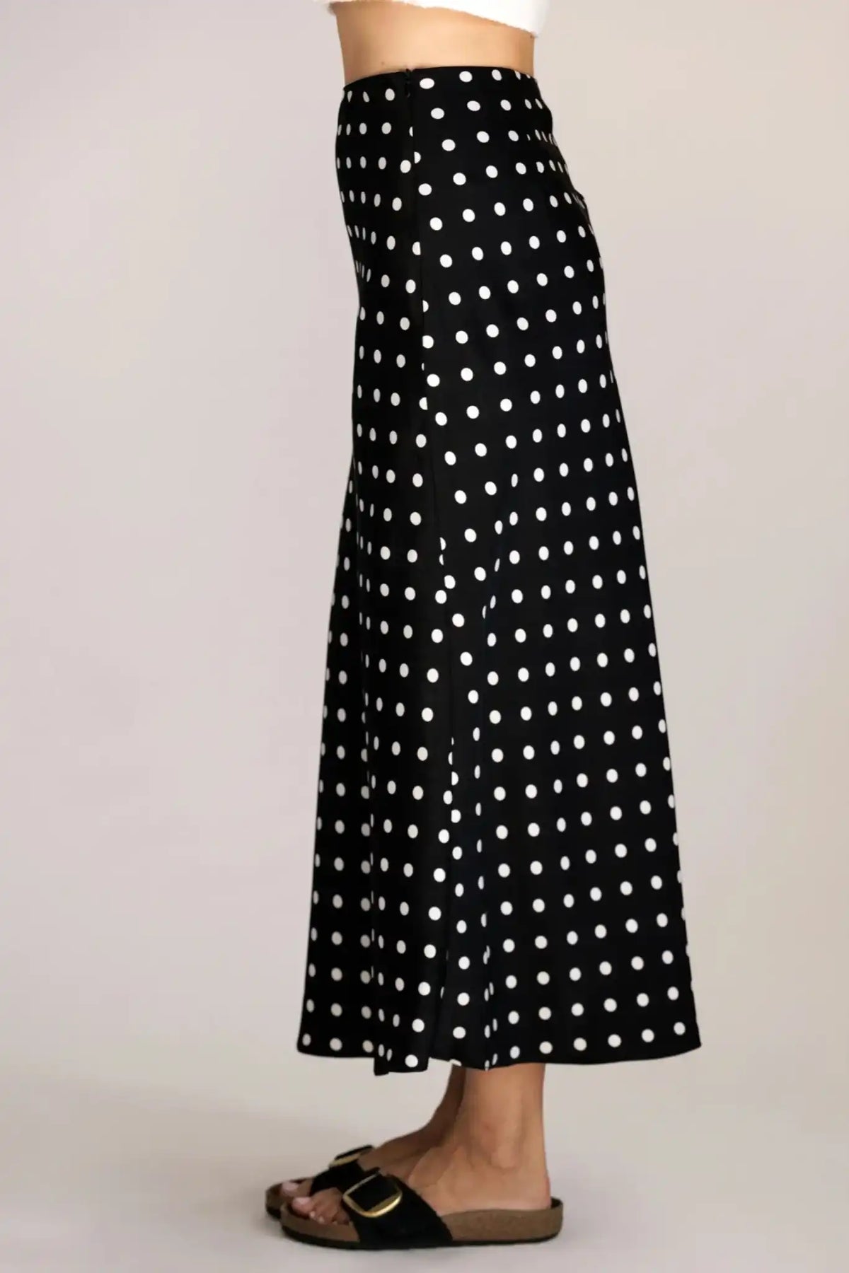 Storia Women's Polka Dot Satin Midi Skirt in Black/Ivory Dot