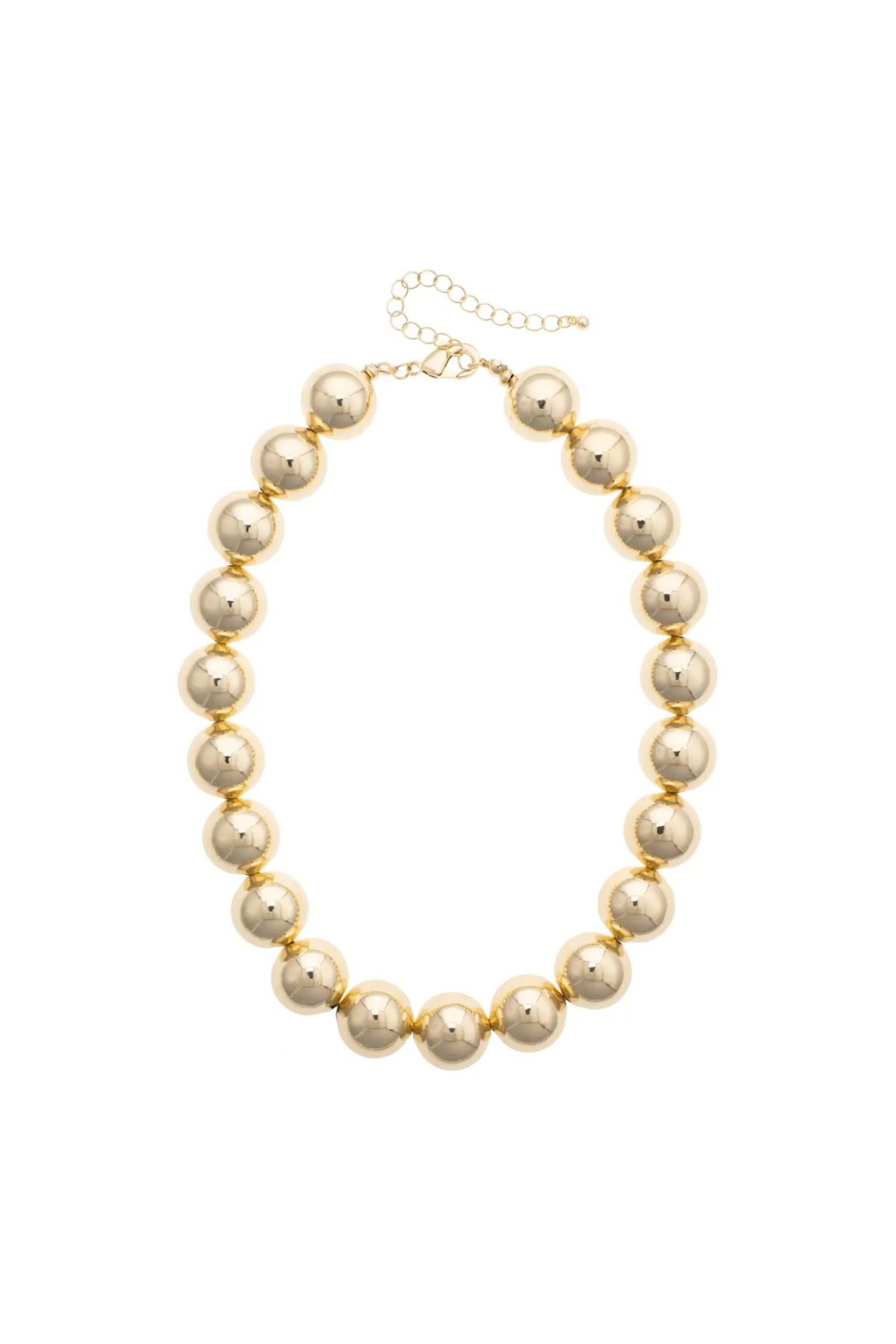 A gold-plated beaded necklace with large, polished spherical beads and a delicate gold chain extender clasp, shown on a plain white background.