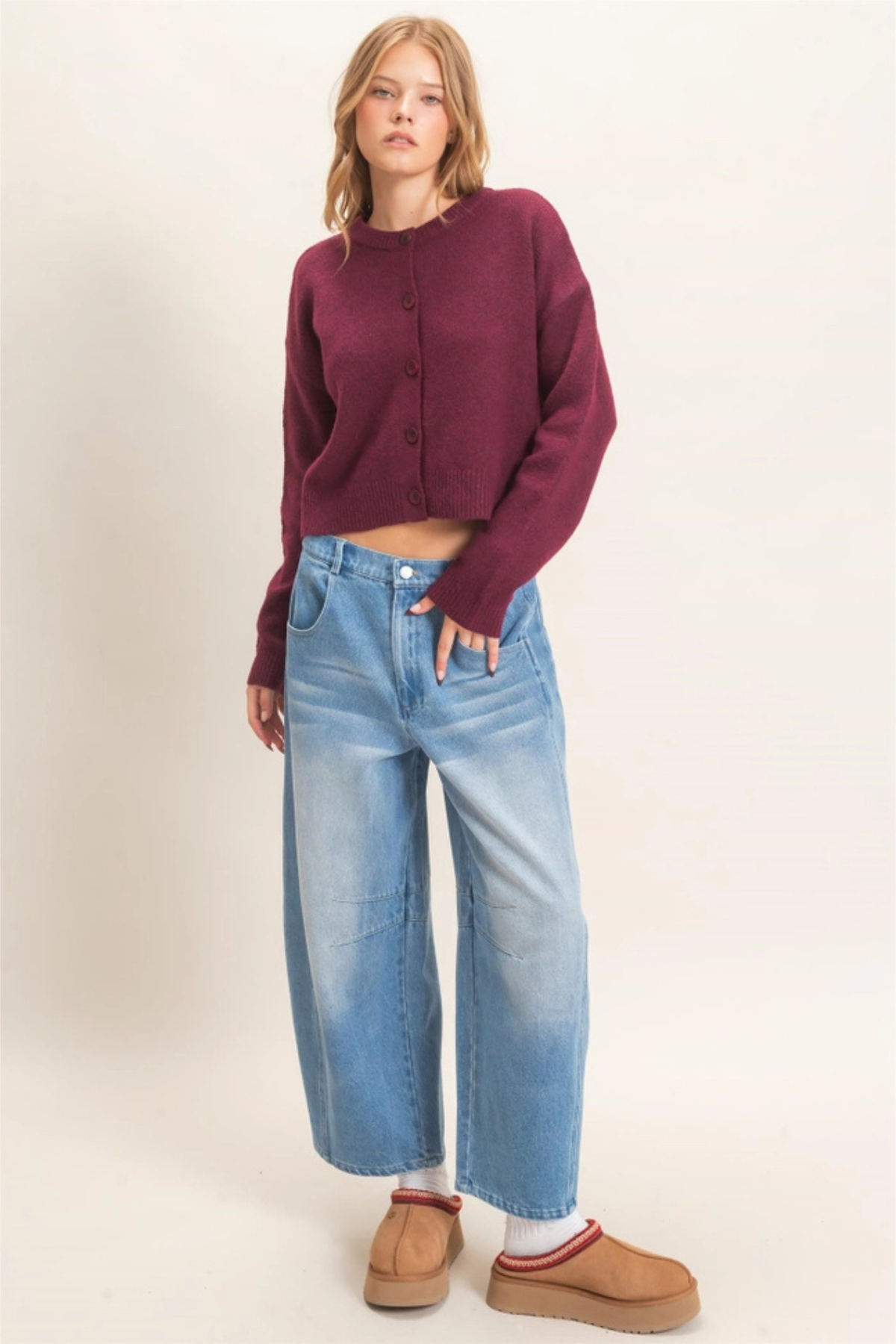 HYFVE Women’s Crew Neck Cardigan in Burgundy