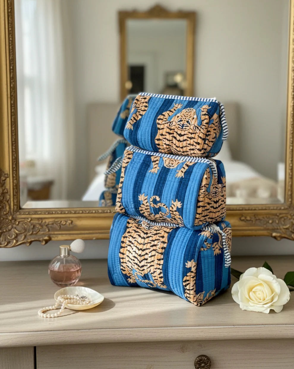 Small Tiger Block Toiletry Bag in Blue