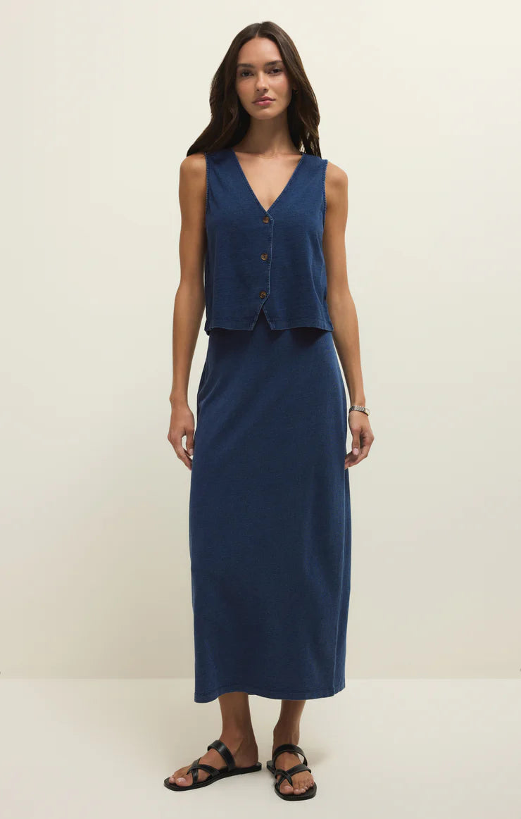 Z Supply: Gail Jersey Denim Midi Skirt in Indigo