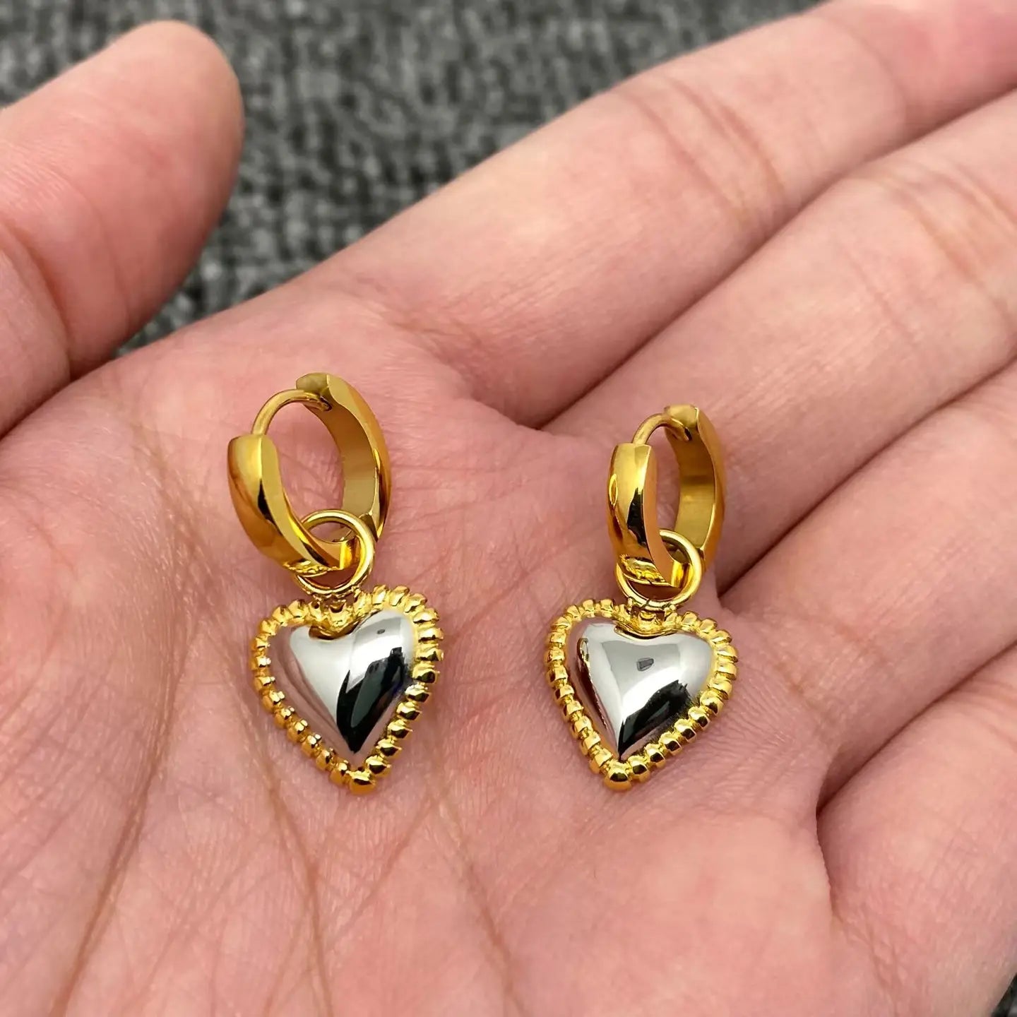 Two Tone Heart Huggie Earrings in Gold