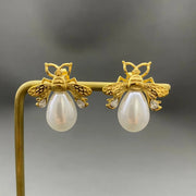 Pearl & CZ Bee Earrings in Gold