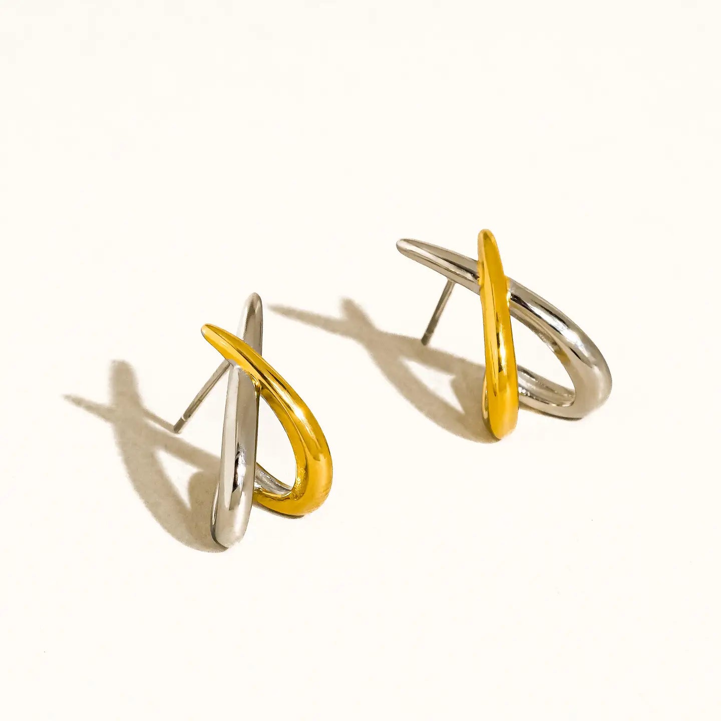 Staven 18K Gold Non-Tarnish Two Tone Crossover Earrings