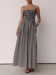 Women's Black Stripe Smocked Bodice Strappy Maxi Dress