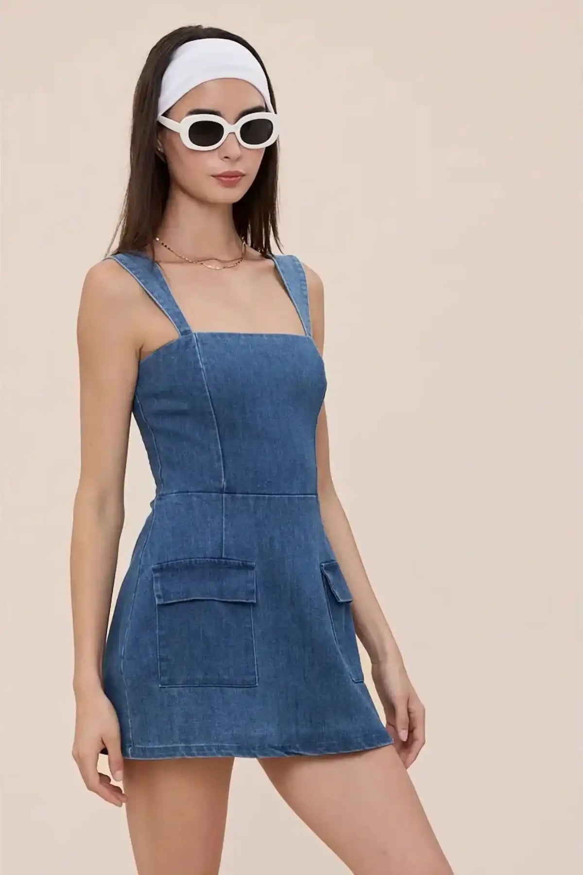 Sky To Moon Women's Casual Denim Square Neck Plain Mini Dress in Light Denim