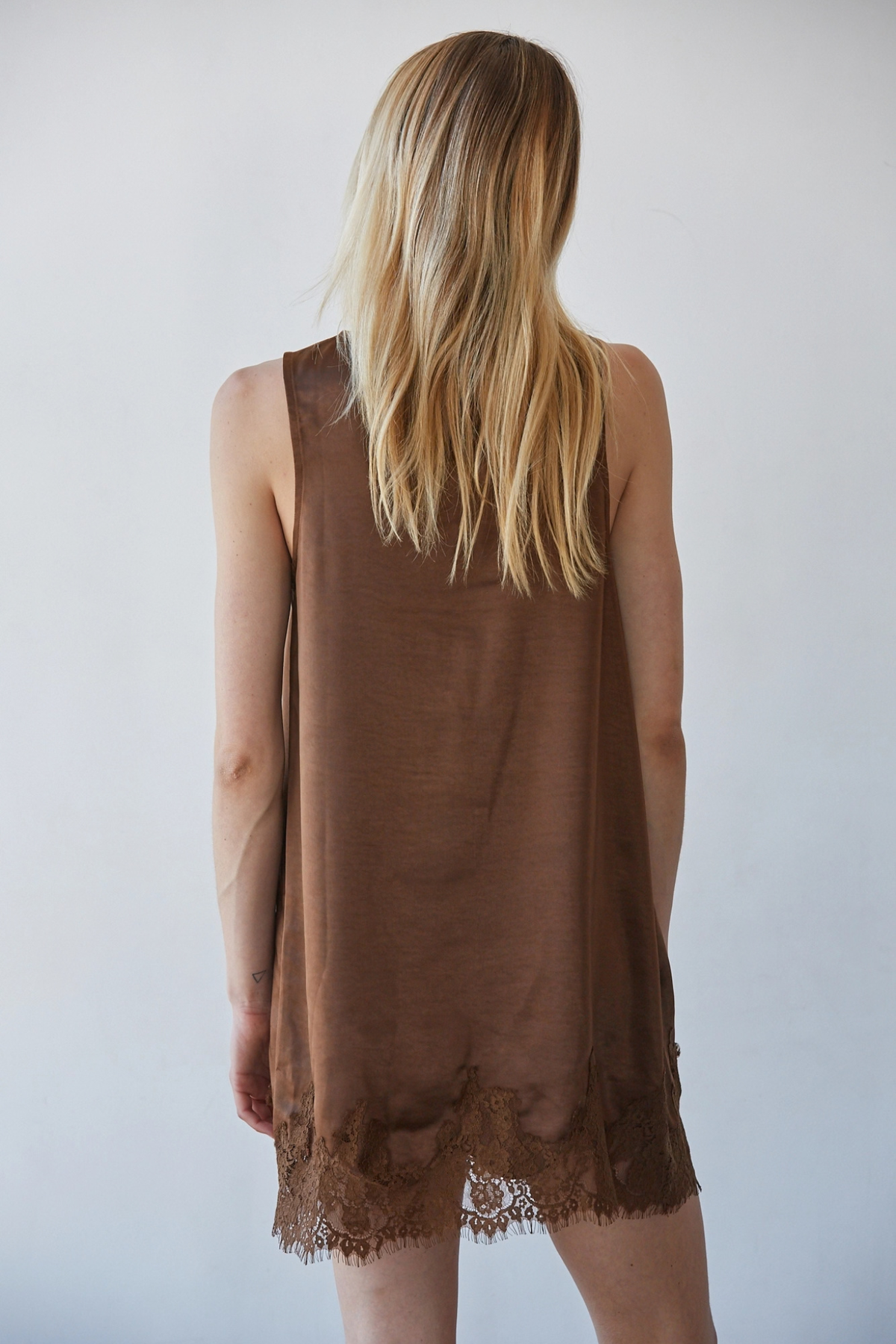 brown dress with lace trim at jcole shoes tulsa