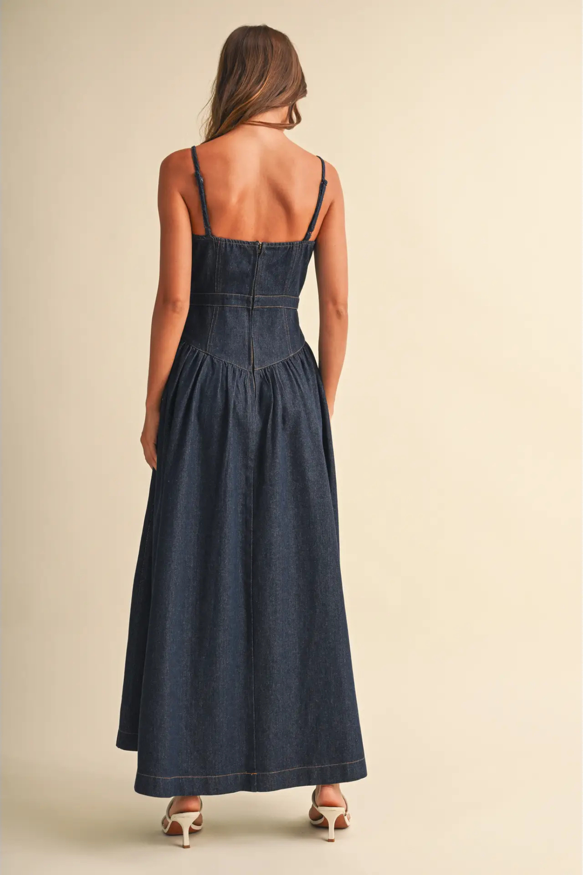 Klesis Women's Denim Sleeveless Low Waist Flare Maxi Dress