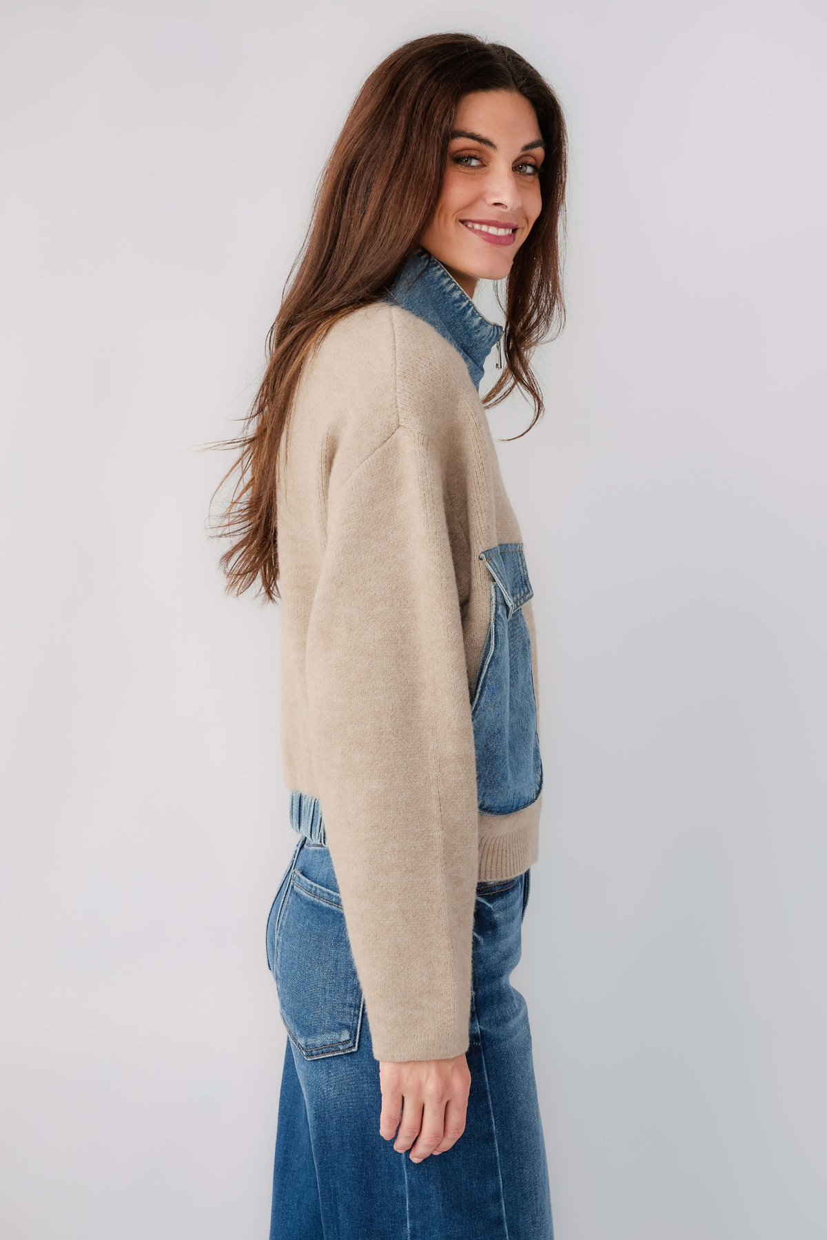 sweater and denim jacket at jcole shoes tulsa