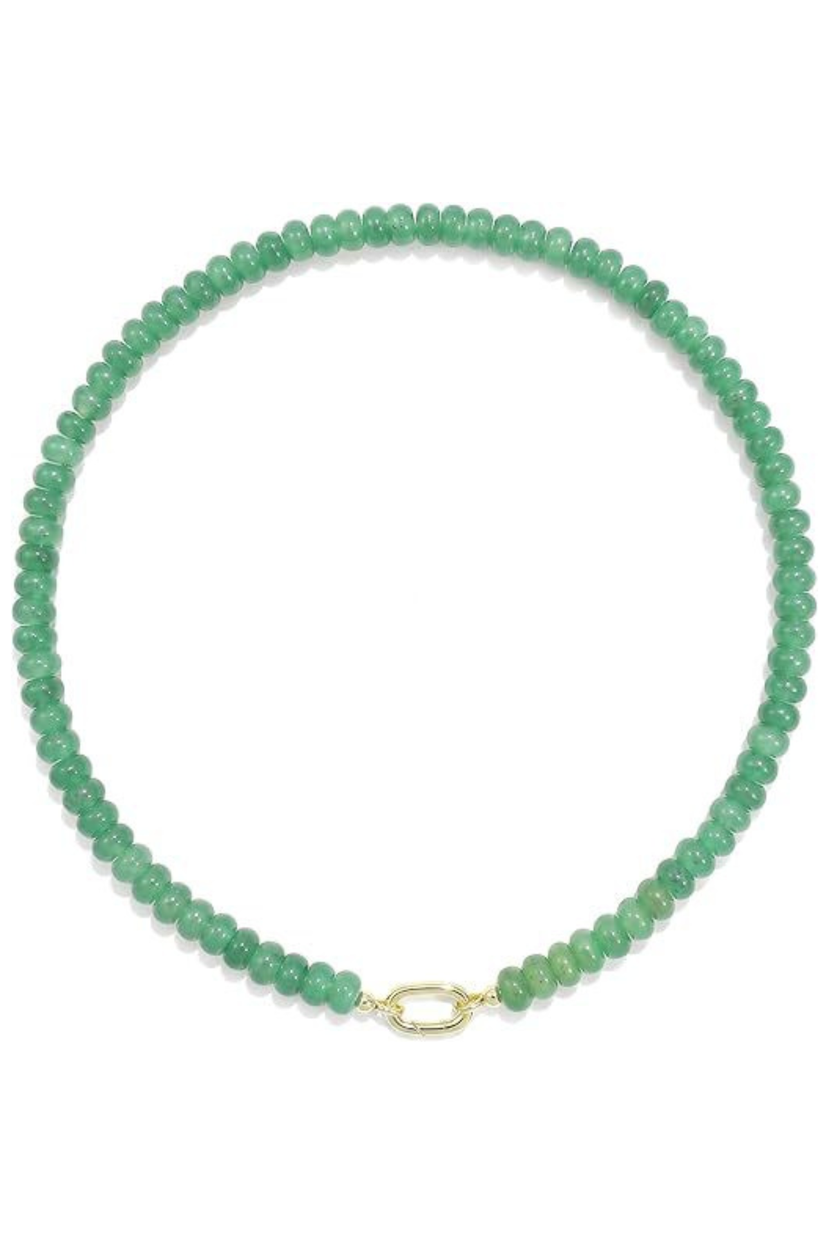 A beaded necklace made of small green faceted beads with a gold oval clasp, displayed on a clean white background.