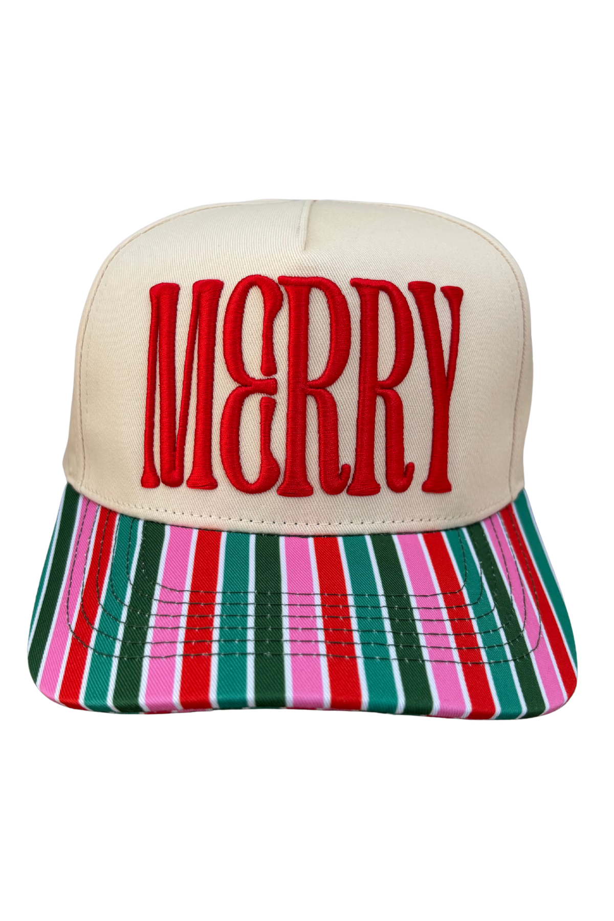 A festive trucker-style cap featuring the word 'MERRY' in bold red embroidery on an off-white crown, with a flat brim covered in vertical Christmas stripes of red, green, pink, and white.