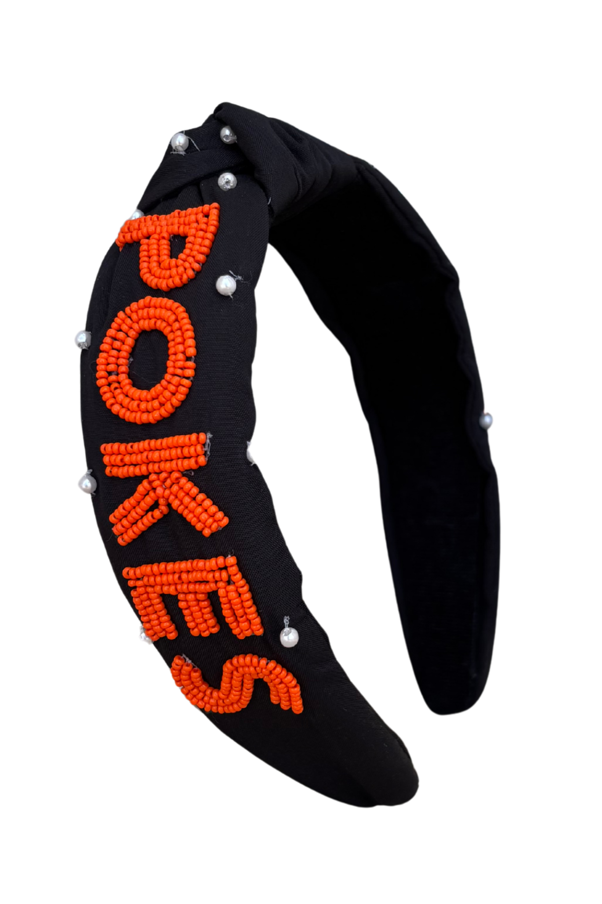 A wide black fabric headband featuring the word 'POKES' in bright orange beaded letters, accented with small silver rhinestone-like studs, shown on a plain white background.