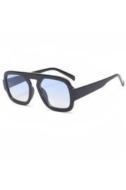 Black square sunglasses with light blue gradient lenses, shown from a three-quarters angle on a white background.