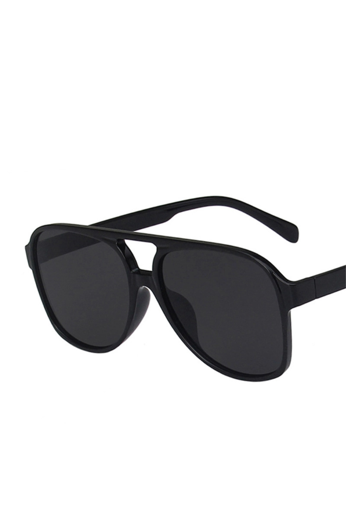 Black aviator-style sunglasses with a thick double bridge and dark lenses, shown at an angle on a plain white background.