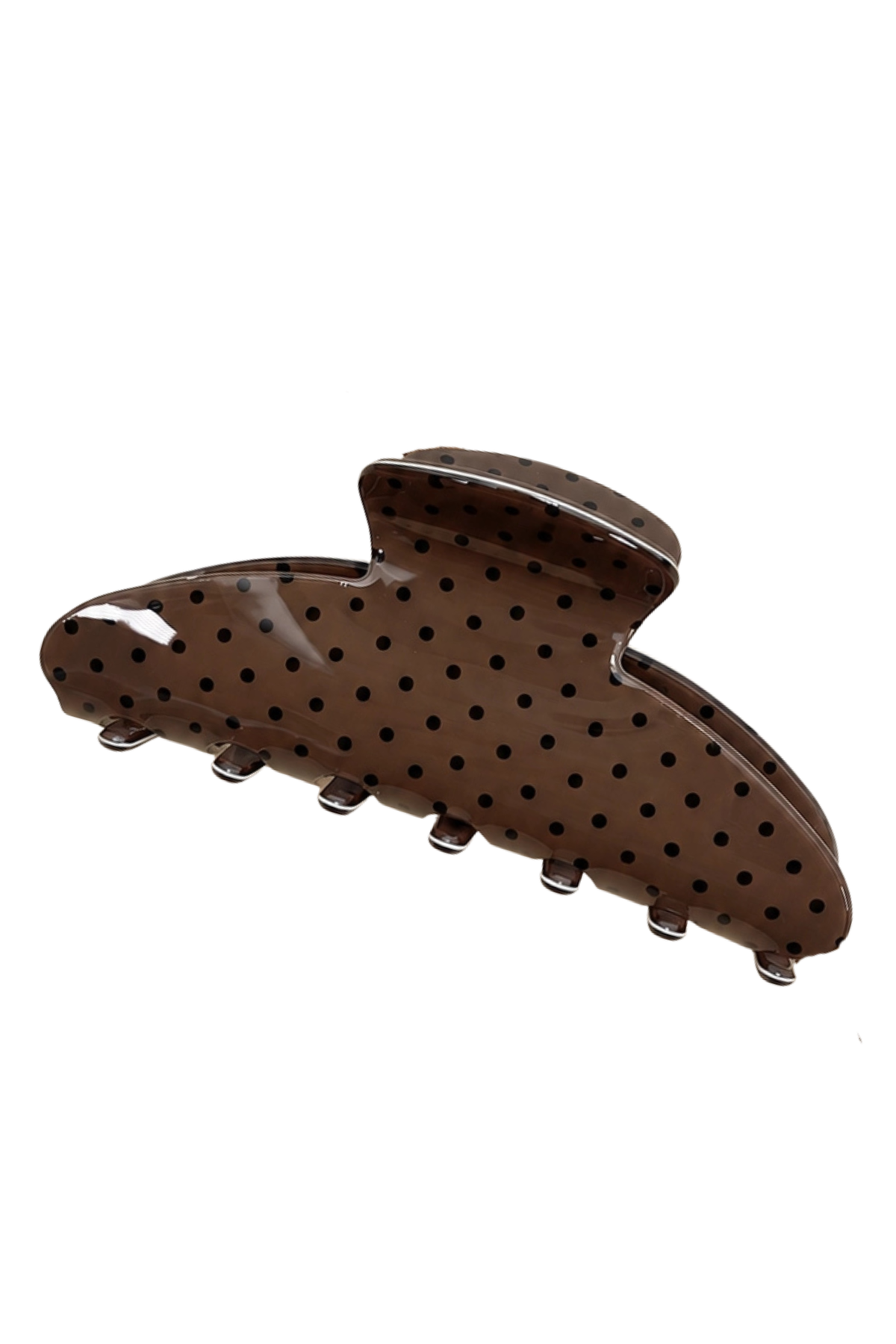 A glossy brown hair claw clip with a black polka dot pattern, shown on a plain white background.