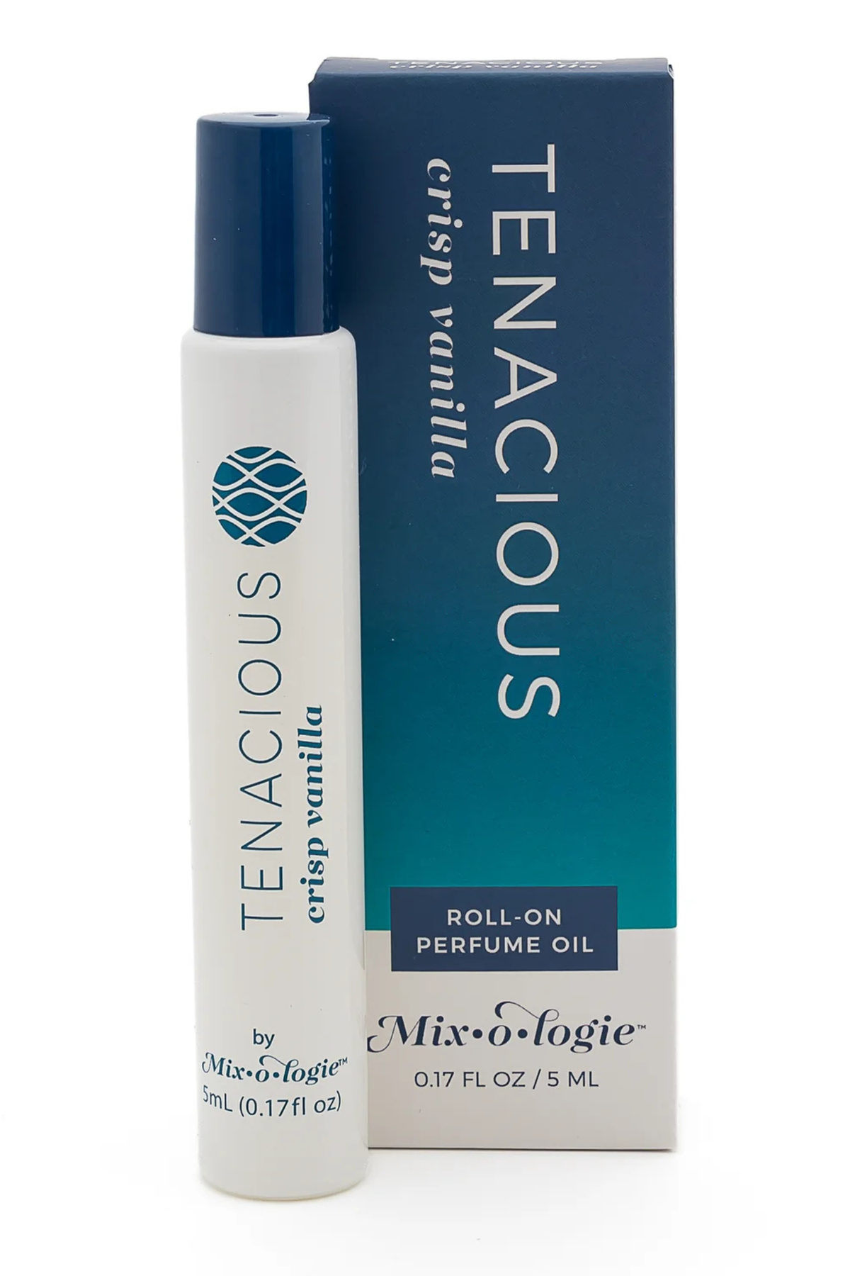 Tenacious crisp vanilla roll-on perfume oil by Mix-o-logie, shown as a white bottle with a dark blue cap next to its blue and teal gradient packaging box.