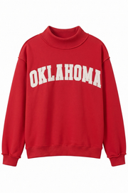 Red sweatshirt with 'OKLAHOMA' text on a white background