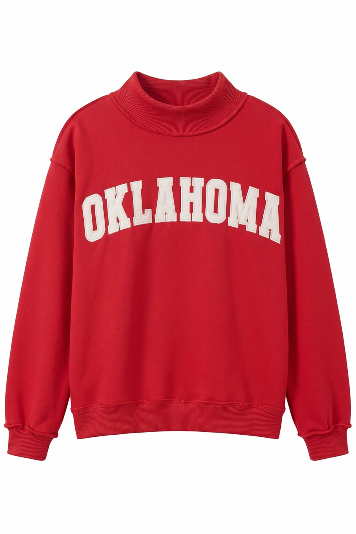 Red sweatshirt with 'OKLAHOMA' text on a white background