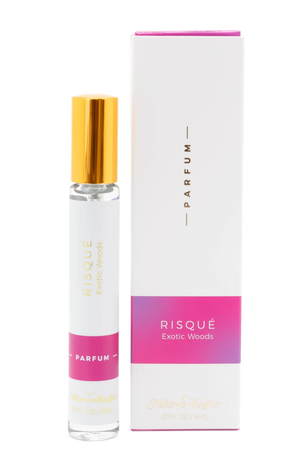 A 5 ml perfume rollerball bottle with a gold cap stands next to its white packaging box. The bottle and box are white with a pink band labeled 'RISQUÉ Exotic Woods PARFUM', and the cap is metallic gold.