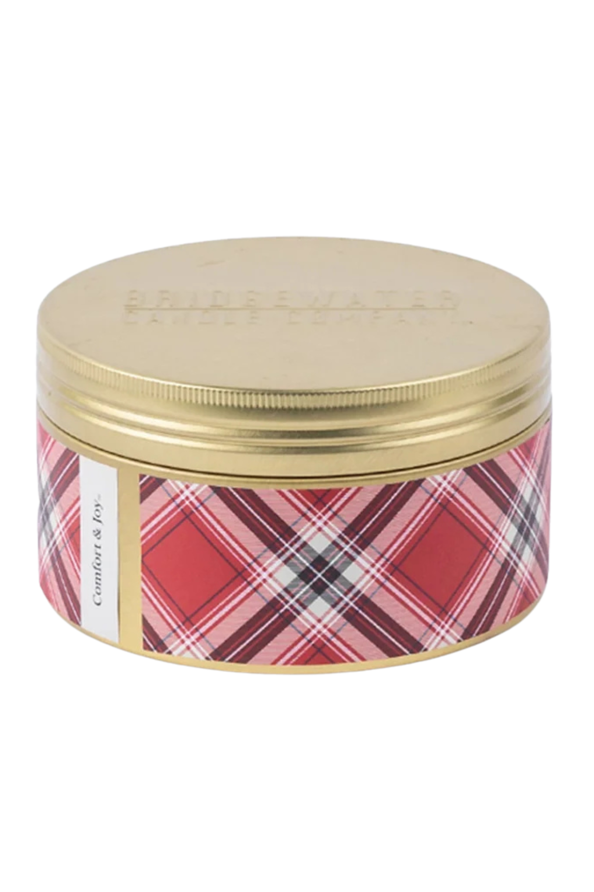 A round metal tin with a gold lid and a red, pink, and white plaid pattern band around the body, photographed on a plain white background.