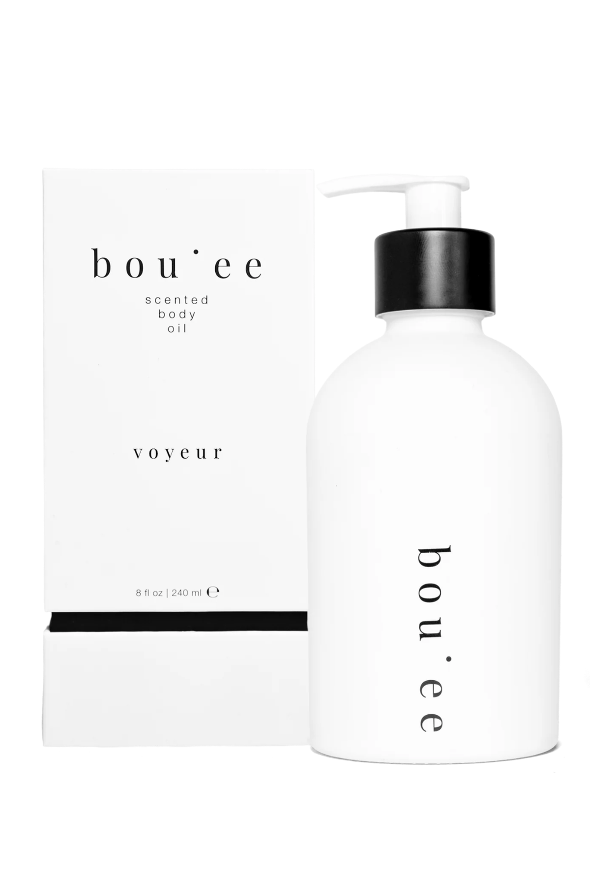 A white bottle of bou'ee Voyeur Scented Body Oil with a black pump dispenser next to its white packaging box, set against a plain white background.