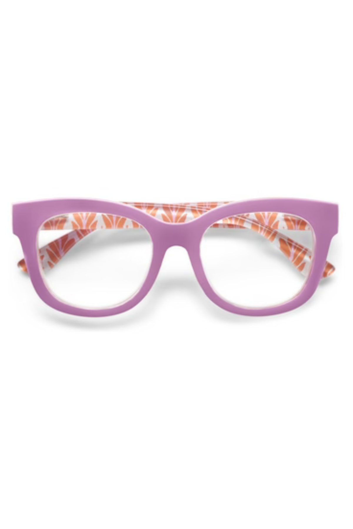 A pair of chunky, oversized cat-eye style eyeglasses with a solid lavender purple frame and a white temple arm featuring an orange floral pattern, shown against a plain white background.