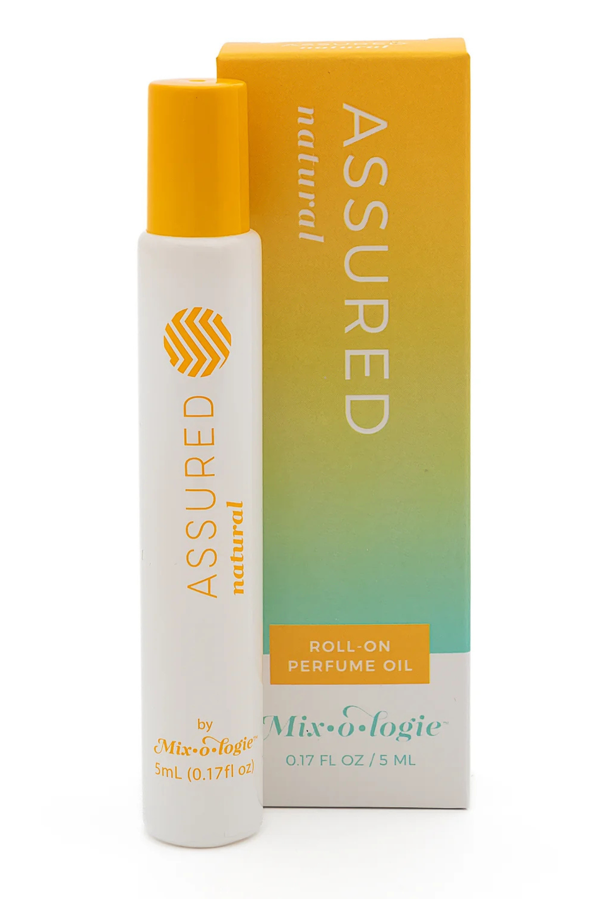 Assured Natural roll-on perfume oil by Mix:ologie, shown in a white bottle with a yellow cap next to its yellow-to-teal gradient box on a white background.