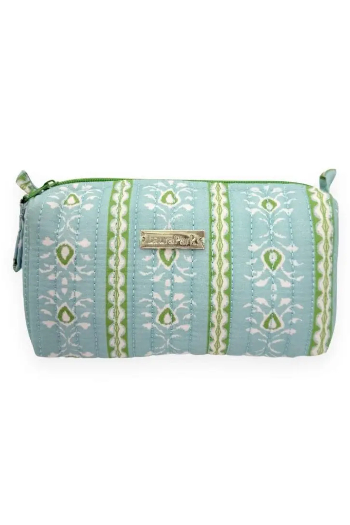 A light blue quilted cosmetic pouch with green and white vertical patterned stripes, featuring a small gold-tone metal brand plaque on the front.