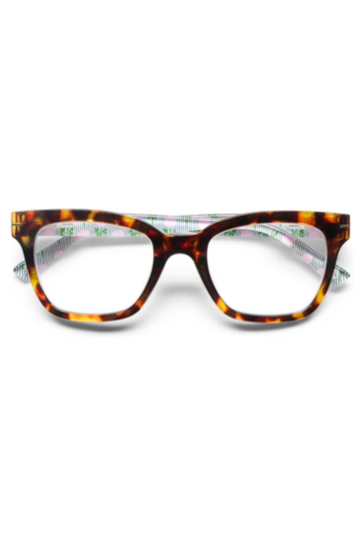Cat-eye eyeglasses featuring a classic tortoiseshell acetate frame with a floral patterned temple.